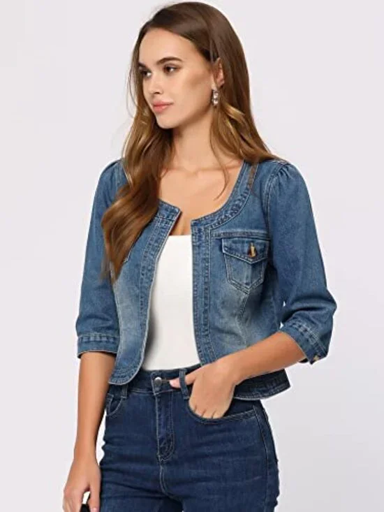 🆕 Denim Jacket for Women's Collarless Cardigan 3/4 Sleeve Crop Jean Jackets - Picture 3 of 7